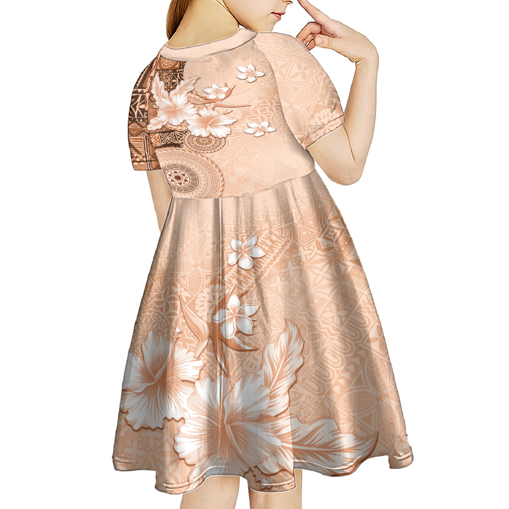 Hawaii Tapa Pattern With Brown Hibiscus Kid Short Sleeve Dress