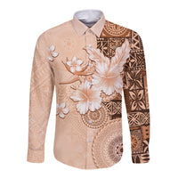 Hawaii Tapa Pattern With Brown Hibiscus Long Sleeve Button Shirt