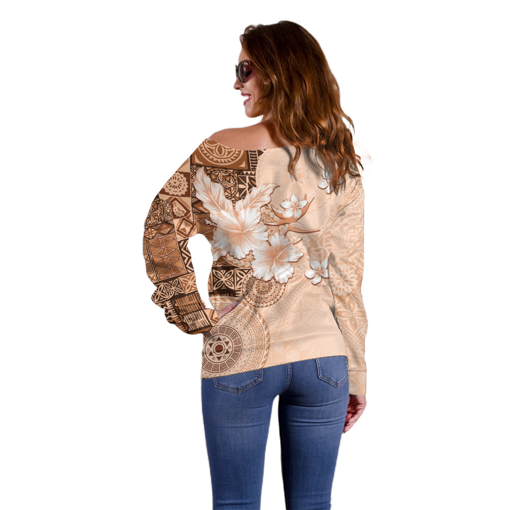 Hawaii Tapa Pattern With Brown Hibiscus Off Shoulder Sweater