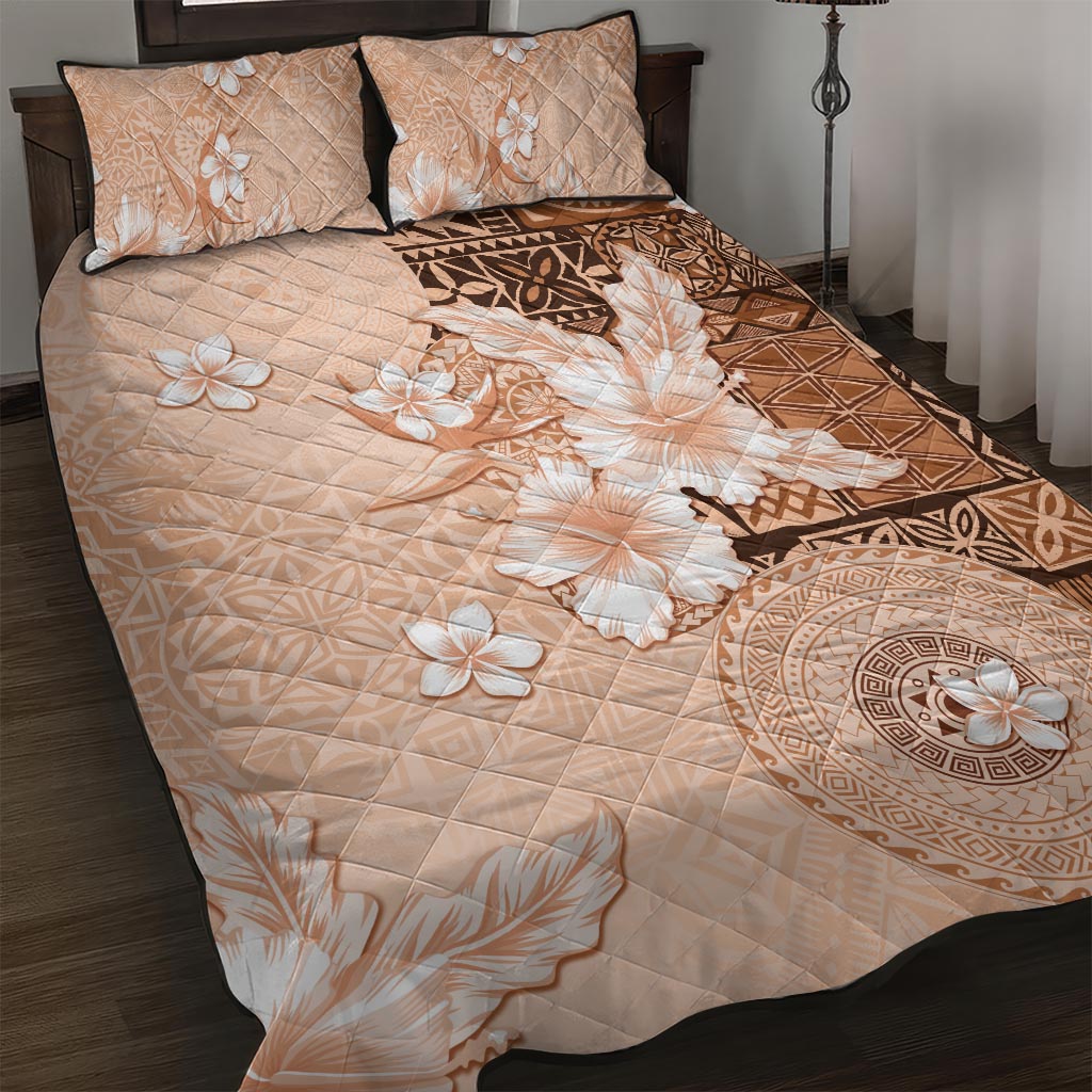 Hawaii Tapa Pattern With Brown Hibiscus Quilt Bed Set