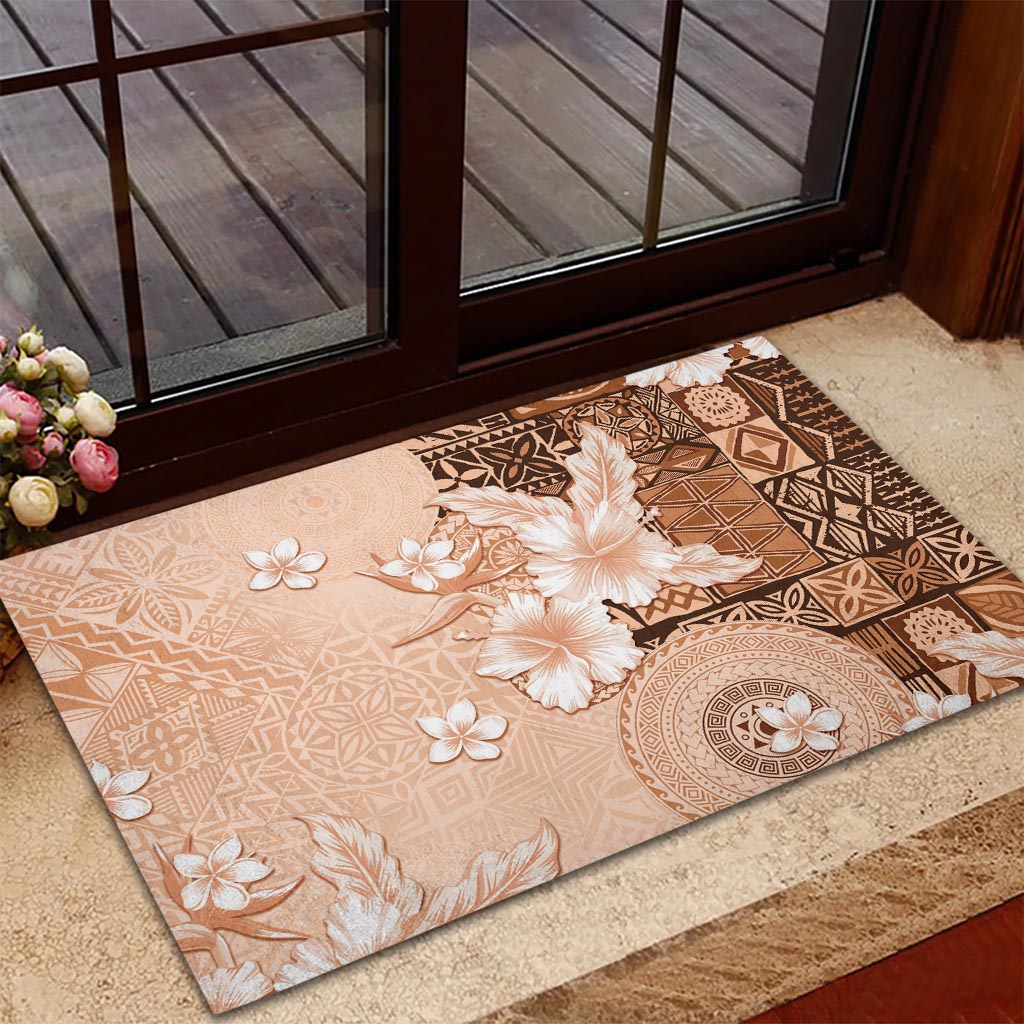 Hawaii Tapa Pattern With Brown Hibiscus Rubber Doormat