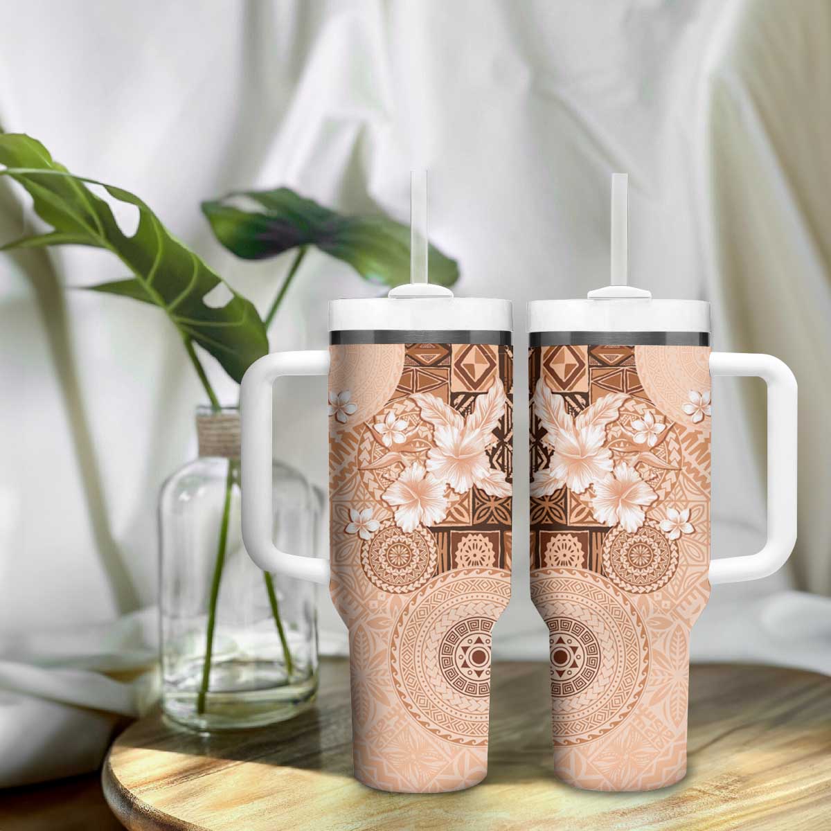 Hawaii Tapa Pattern With Brown Hibiscus Tumbler With Handle