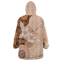 Hawaii Tapa Pattern With Brown Hibiscus Wearable Blanket Hoodie
