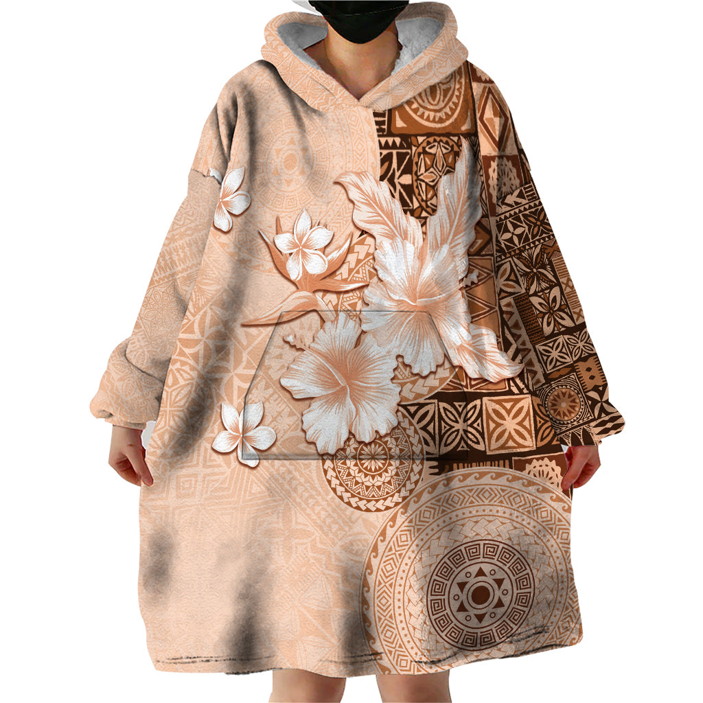 Hawaii Tapa Pattern With Brown Hibiscus Wearable Blanket Hoodie