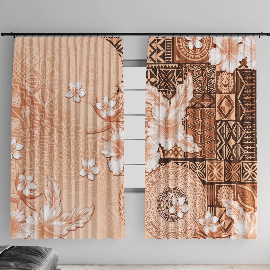 Hawaii Tapa Pattern With Brown Hibiscus Window Curtain