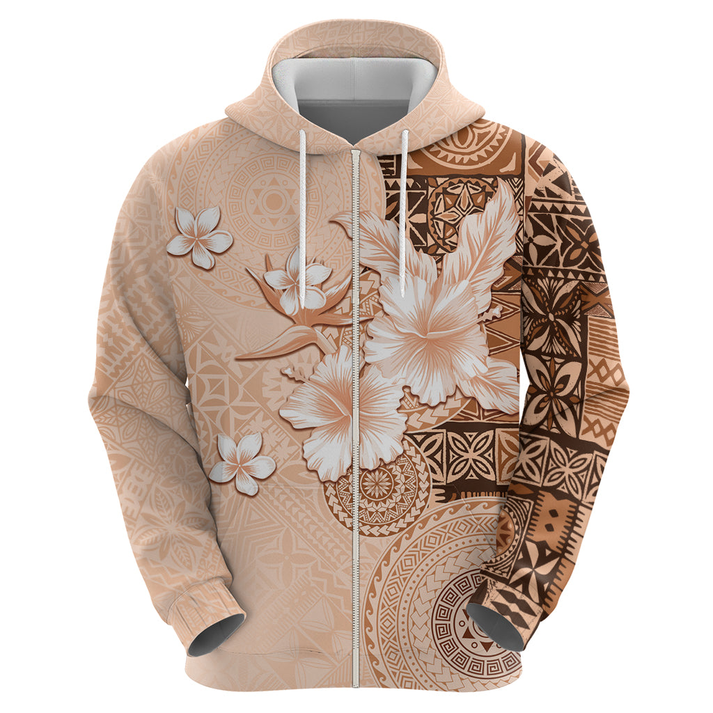Hawaii Tapa Pattern With Brown Hibiscus Zip Hoodie