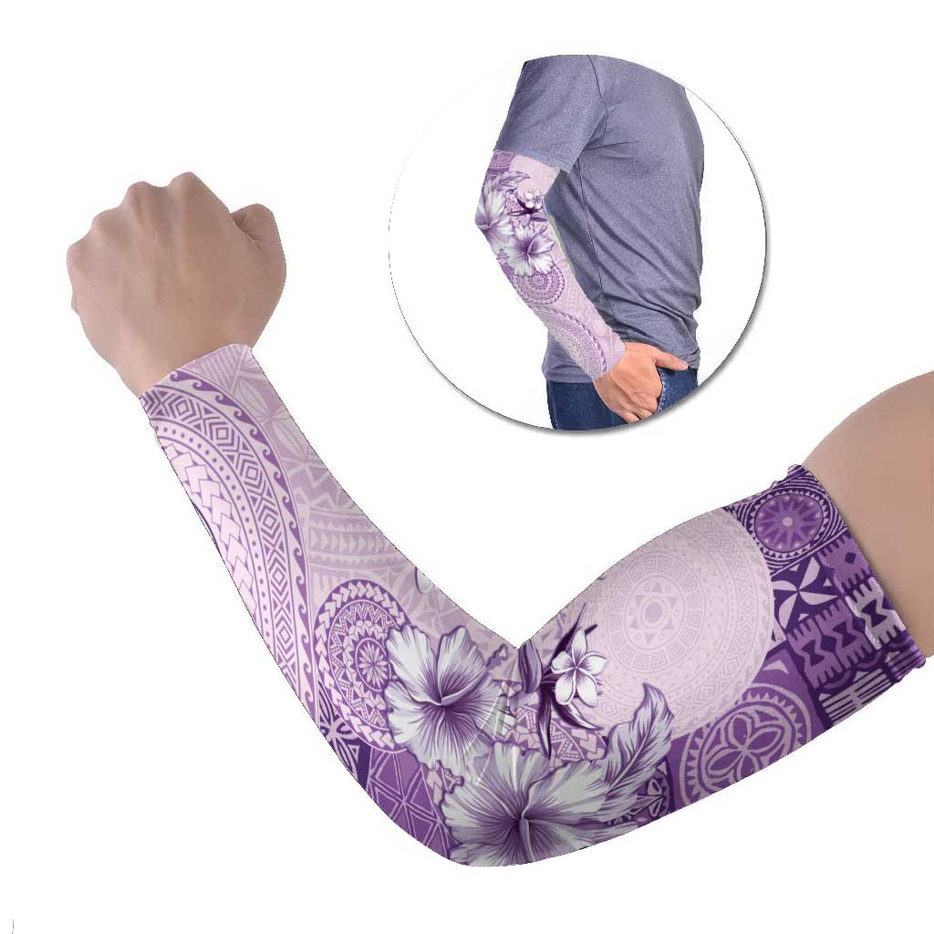 Hawaii Tapa Pattern With Violet Hibiscus Arm Sleeves - Polynesian Pride