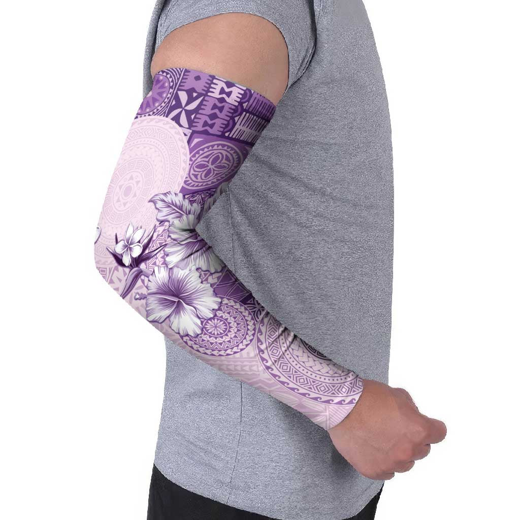 Hawaii Tapa Pattern With Violet Hibiscus Arm Sleeves - Polynesian Pride