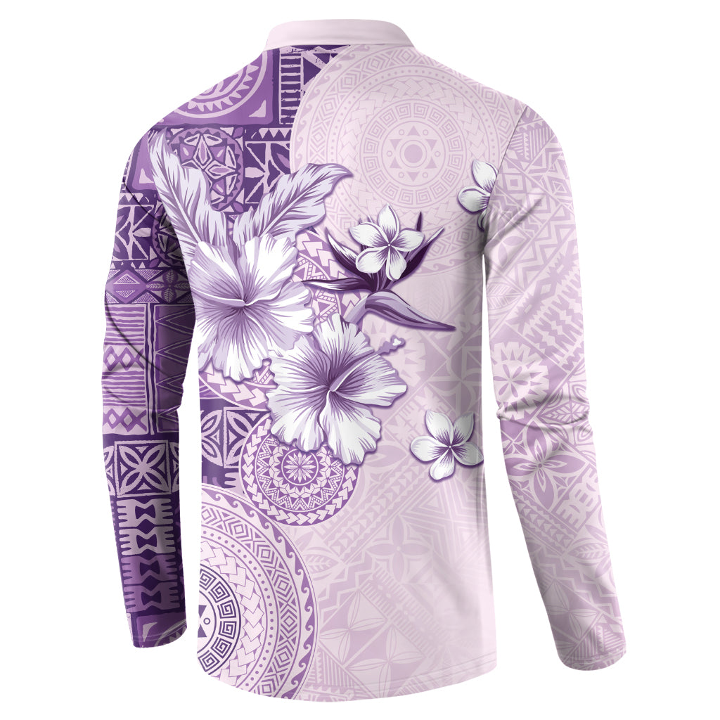 Hawaii Tapa Pattern With Violet Hibiscus Button Sweatshirt