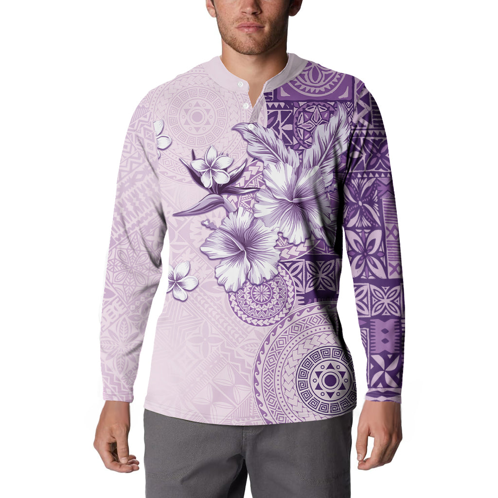Hawaii Tapa Pattern With Violet Hibiscus Button Sweatshirt