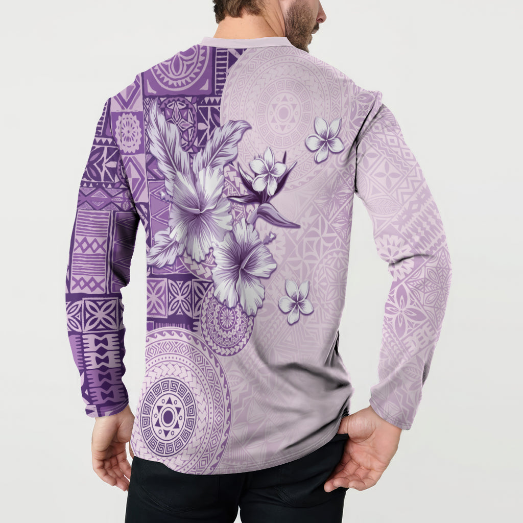 Hawaii Tapa Pattern With Violet Hibiscus Button Sweatshirt