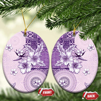 Hawaii Tapa Pattern With Violet Hibiscus Ceramic Ornament