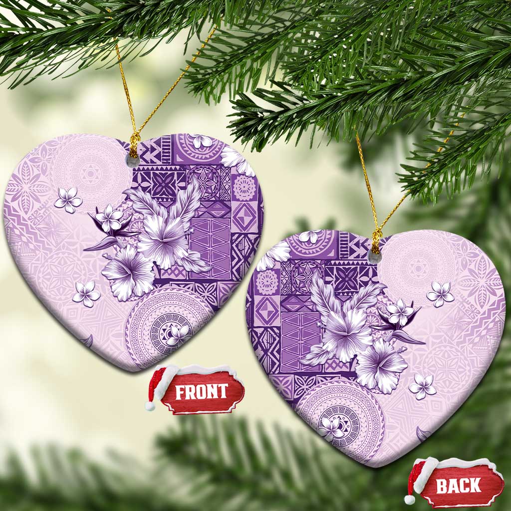 Hawaii Tapa Pattern With Violet Hibiscus Ceramic Ornament