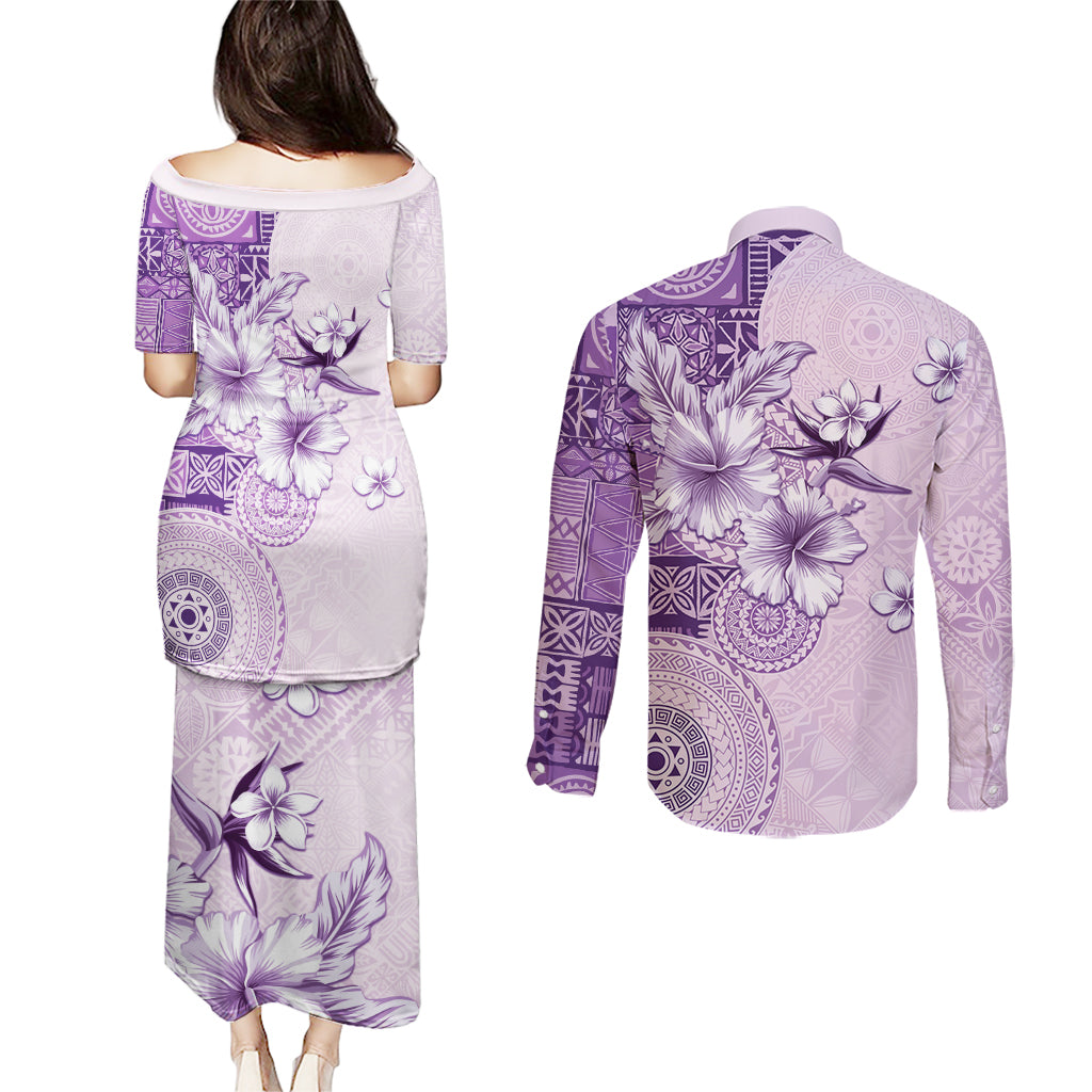 Hawaii Tapa Pattern With Violet Hibiscus Couples Matching Puletasi and Long Sleeve Button Shirt