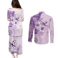 Hawaii Tapa Pattern With Violet Hibiscus Couples Matching Puletasi and Long Sleeve Button Shirt
