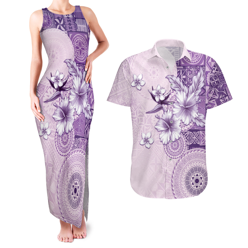 Hawaii Tapa Pattern With Violet Hibiscus Couples Matching Tank Maxi Dress and Hawaiian Shirt