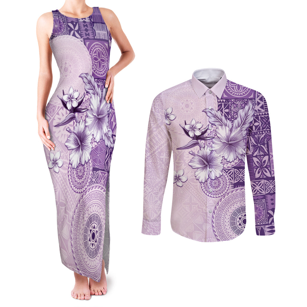 Hawaii Tapa Pattern With Violet Hibiscus Couples Matching Tank Maxi Dress and Long Sleeve Button Shirt