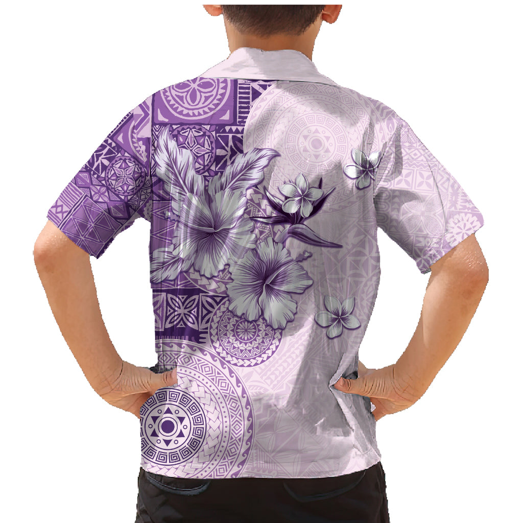 Hawaii Tapa Pattern With Violet Hibiscus Family Matching Mermaid Dress and Hawaiian Shirt