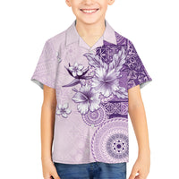 Hawaii Tapa Pattern With Violet Hibiscus Family Matching Off Shoulder Maxi Dress and Hawaiian Shirt