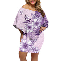 Hawaii Tapa Pattern With Violet Hibiscus Family Matching Off Shoulder Short Dress and Hawaiian Shirt