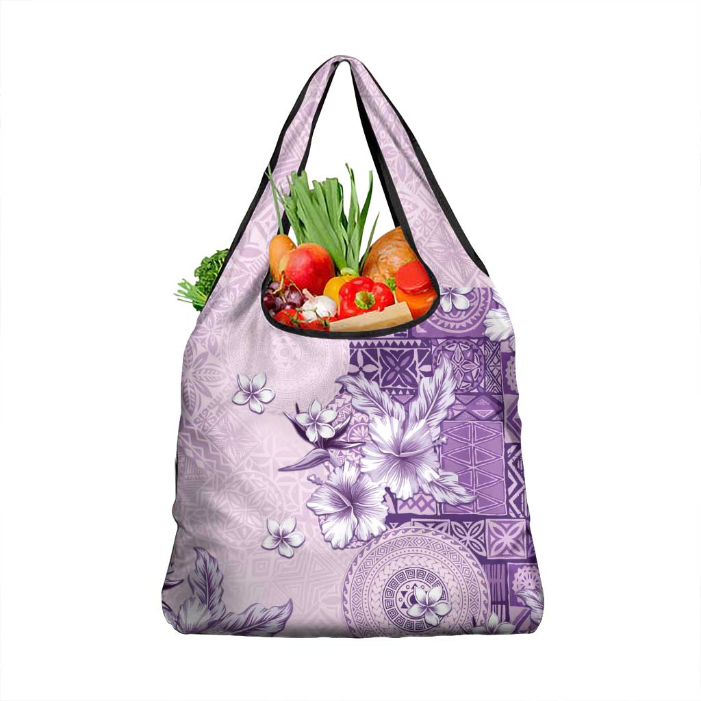 Hawaii Tapa Pattern With Violet Hibiscus Grocery Bag