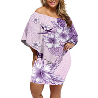 Hawaii Tapa Pattern With Violet Hibiscus Off Shoulder Short Dress