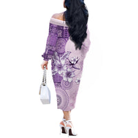 Hawaii Tapa Pattern With Violet Hibiscus Off The Shoulder Long Sleeve Dress
