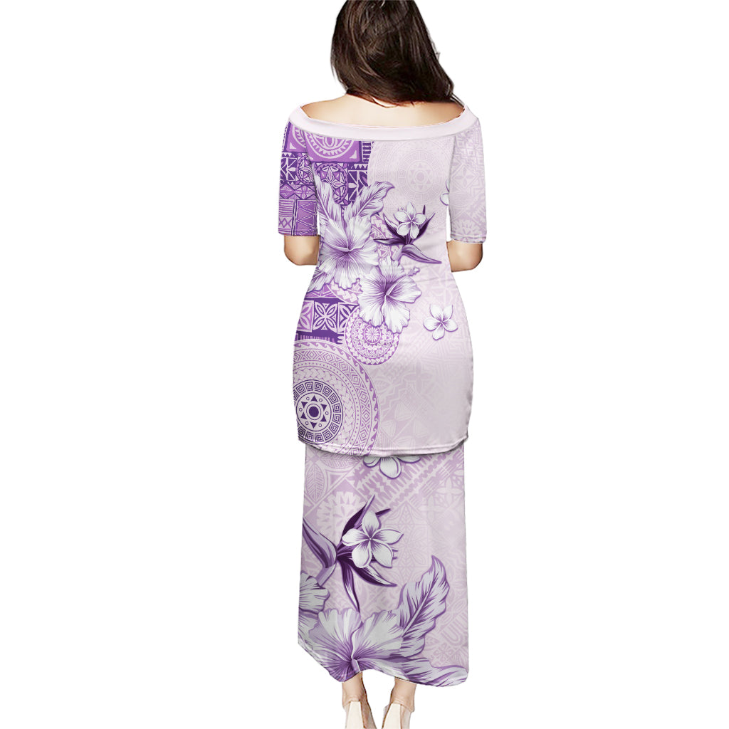 Hawaii Tapa Pattern With Violet Hibiscus Puletasi