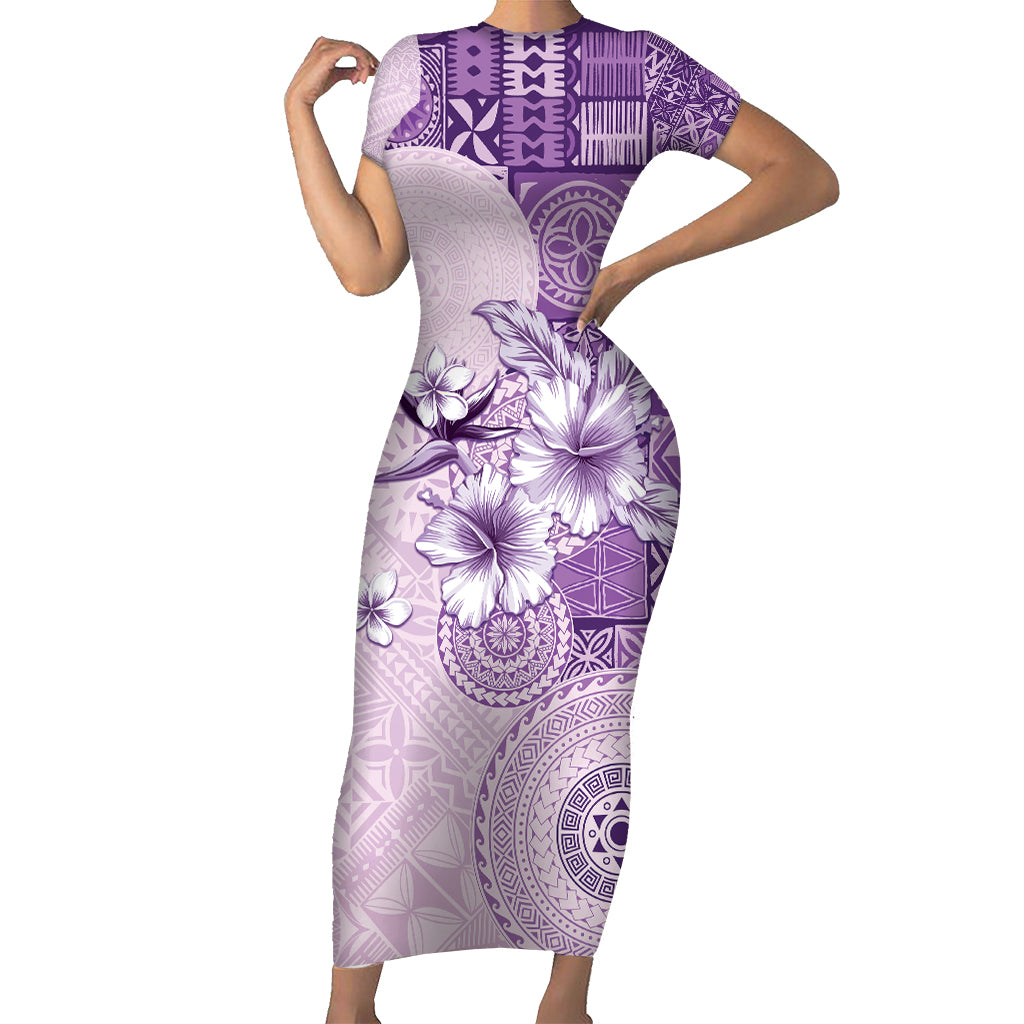 Hawaii Tapa Pattern With Violet Hibiscus Short Sleeve Bodycon Dress LT05 Long Dress Violet - Polynesian Pride