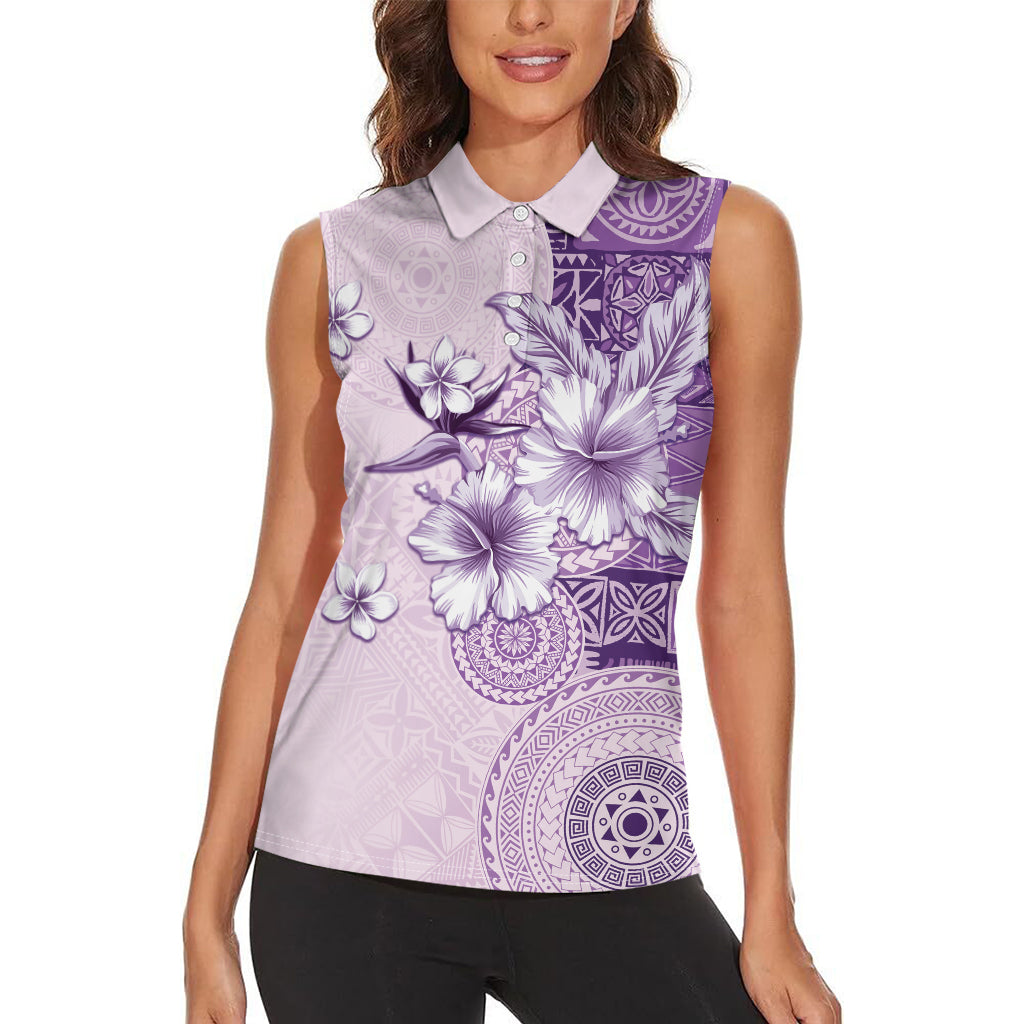 Hawaii Tapa Pattern With Violet Hibiscus Women Sleeveless Polo Shirt