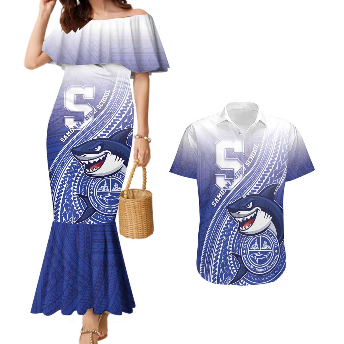 Personalized Samoana High School Couples Matching Mermaid Dress and Hawaiian Shirt Polynesian Tribal Shark