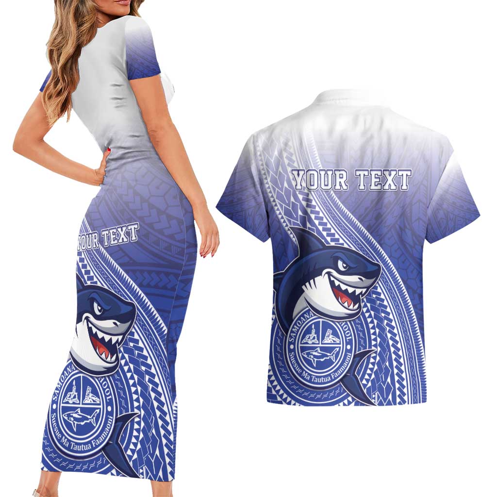 Personalized Samoana High School Couples Matching Short Sleeve Bodycon Dress and Hawaiian Shirt Polynesian Tribal Shark