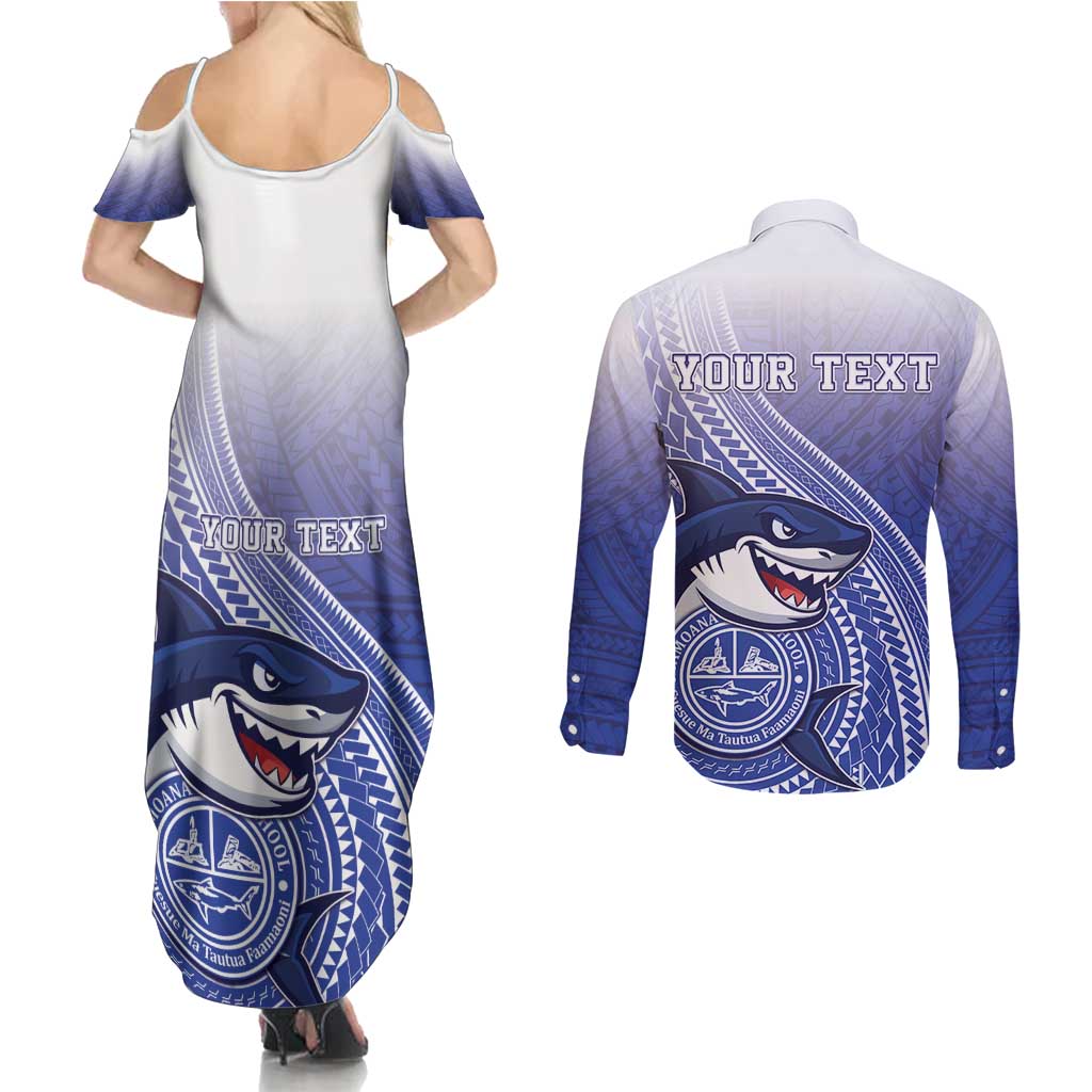 Personalized Samoana High School Couples Matching Summer Maxi Dress and Long Sleeve Button Shirt Polynesian Tribal Shark