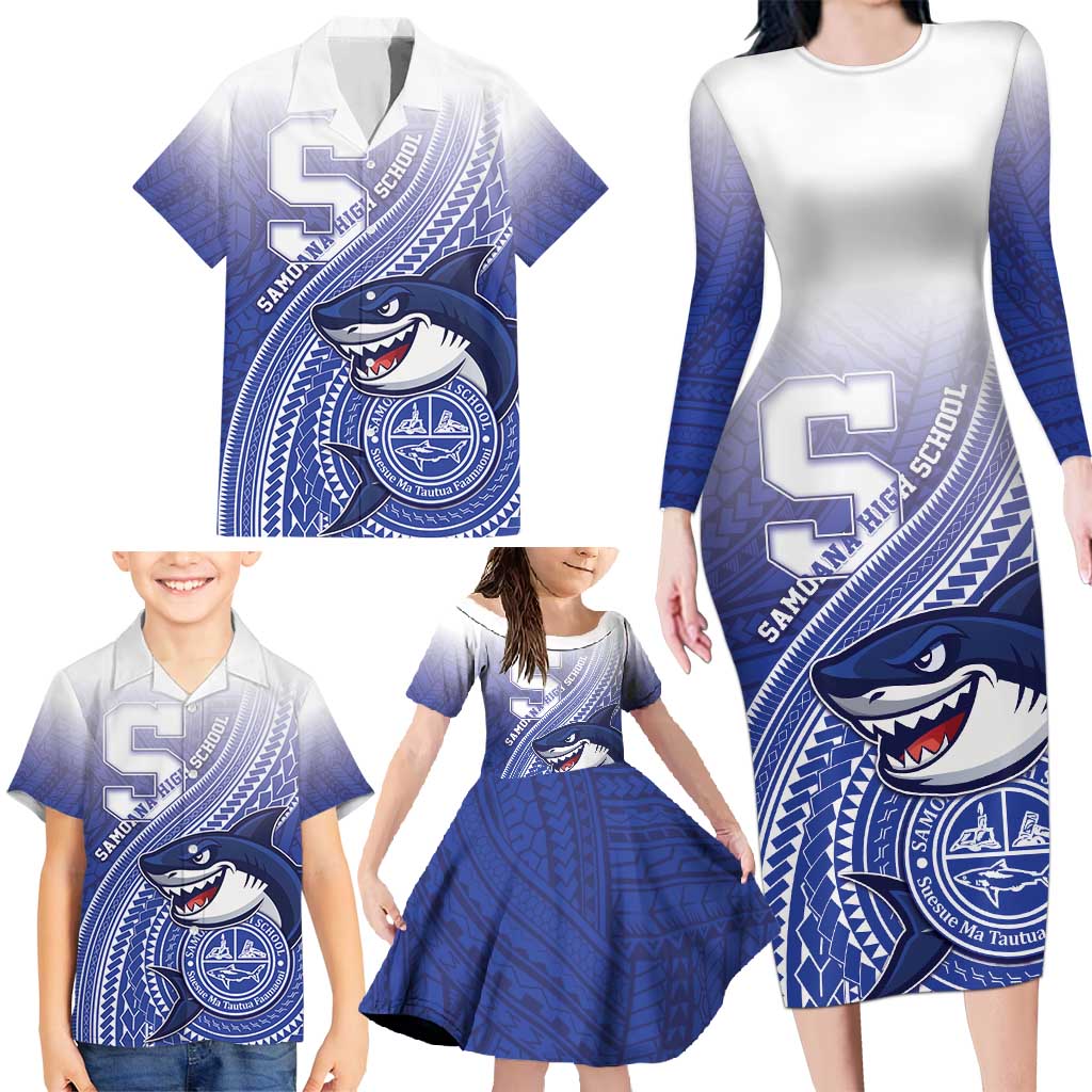 Personalized Samoana High School Family Matching Long Sleeve Bodycon Dress and Hawaiian Shirt Polynesian Tribal Shark