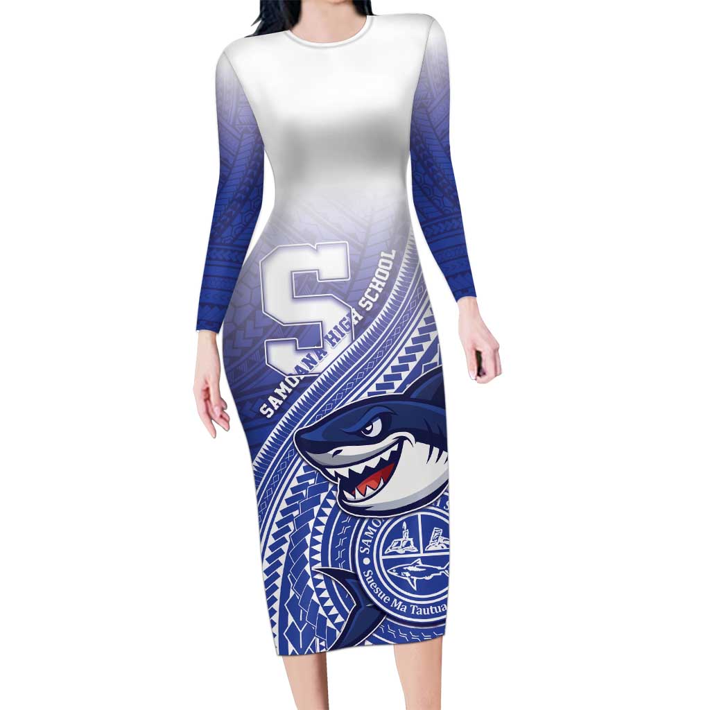 Personalized Samoana High School Family Matching Long Sleeve Bodycon Dress and Hawaiian Shirt Polynesian Tribal Shark
