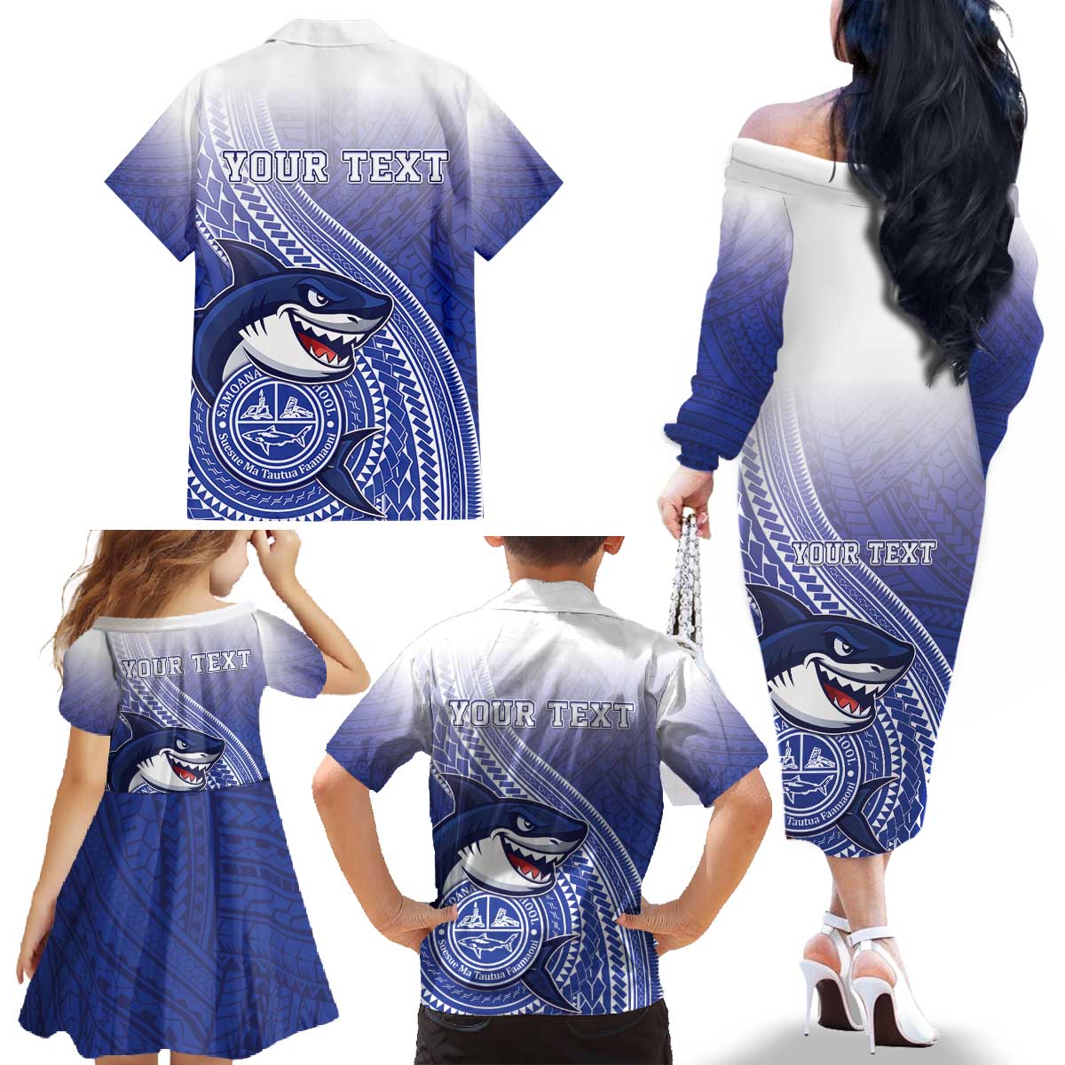 Personalized Samoana High School Family Matching Off The Shoulder Long Sleeve Dress and Hawaiian Shirt Polynesian Tribal Shark