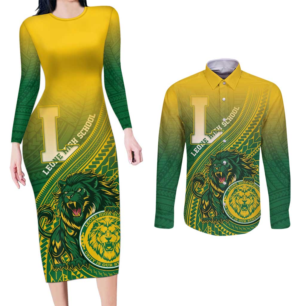 Personalized Leone High School Couples Matching Long Sleeve Bodycon Dress and Long Sleeve Button Shirt Leone Lion