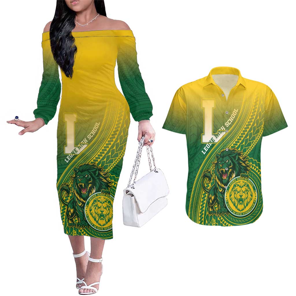 Personalized Leone High School Couples Matching Off The Shoulder Long Sleeve Dress and Hawaiian Shirt Leone Lion