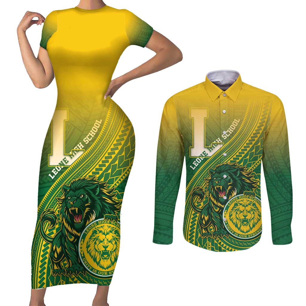 Personalized Leone High School Couples Matching Short Sleeve Bodycon Dress and Long Sleeve Button Shirt Leone Lion