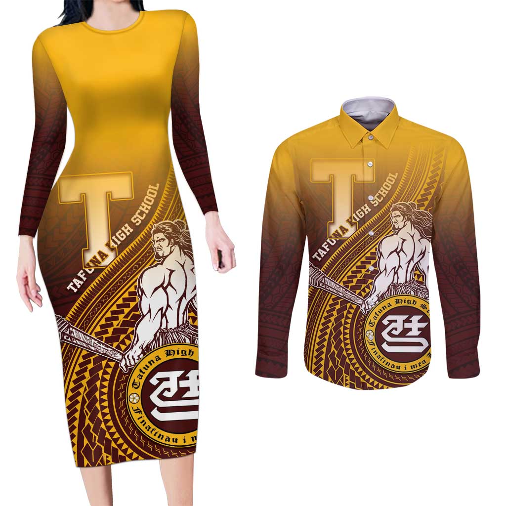 Personalized Tafuna High School Couples Matching Long Sleeve Bodycon Dress and Long Sleeve Button Shirt Polynesian Warrior