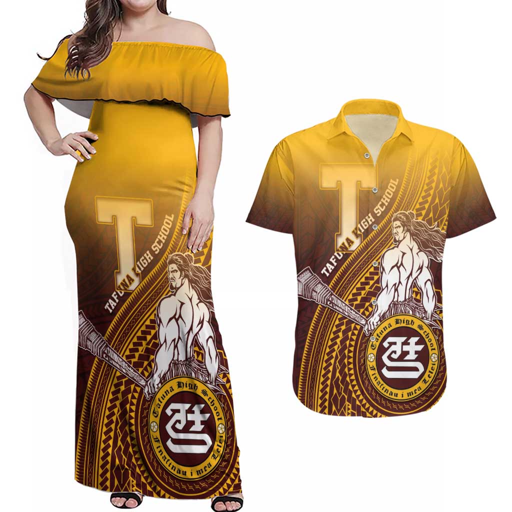 Personalized Tafuna High School Couples Matching Off Shoulder Maxi Dress and Hawaiian Shirt Polynesian Warrior