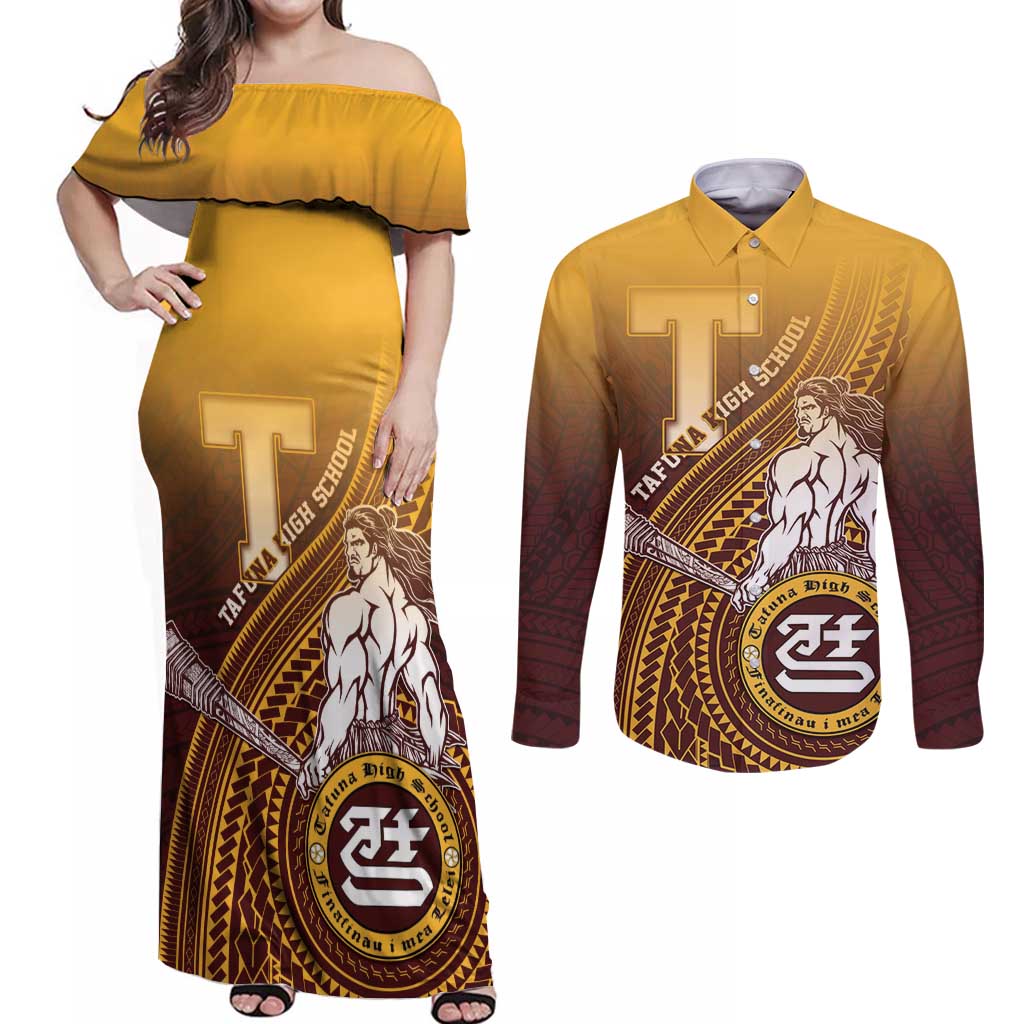 Personalized Tafuna High School Couples Matching Off Shoulder Maxi Dress and Long Sleeve Button Shirt Polynesian Warrior