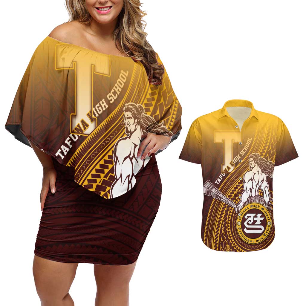 Personalized Tafuna High School Couples Matching Off Shoulder Short Dress and Hawaiian Shirt Polynesian Warrior