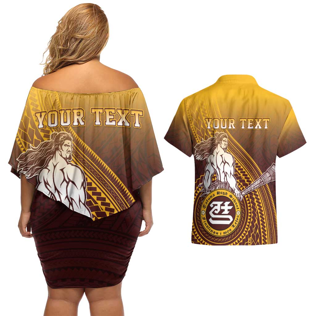 Personalized Tafuna High School Couples Matching Off Shoulder Short Dress and Hawaiian Shirt Polynesian Warrior
