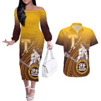 Personalized Tafuna High School Couples Matching Off The Shoulder Long Sleeve Dress and Hawaiian Shirt Polynesian Warrior