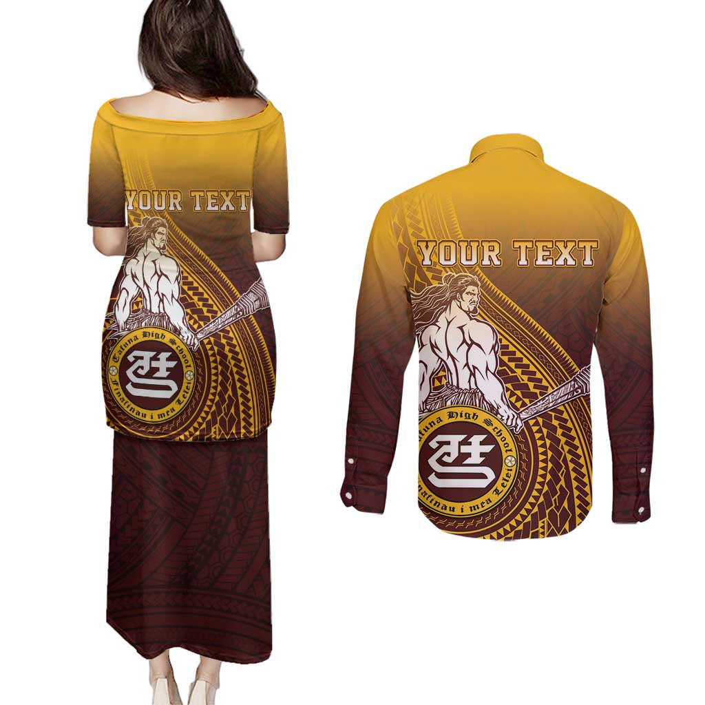 Personalized Tafuna High School Couples Matching Puletasi and Long Sleeve Button Shirt Polynesian Warrior