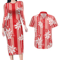 Hawaii Kakau Tribal Couples Matching Long Sleeve Bodycon Dress and Hawaiian Shirt With Red Tiare