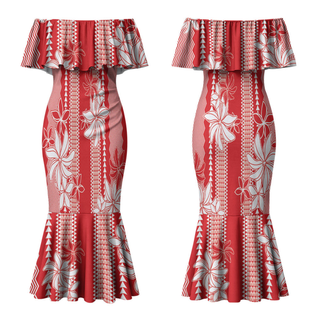 Hawaii Kakau Tribal Couples Matching Mermaid Dress and Long Sleeve Button Shirt With Red Tiare LT05 - Polynesian Pride