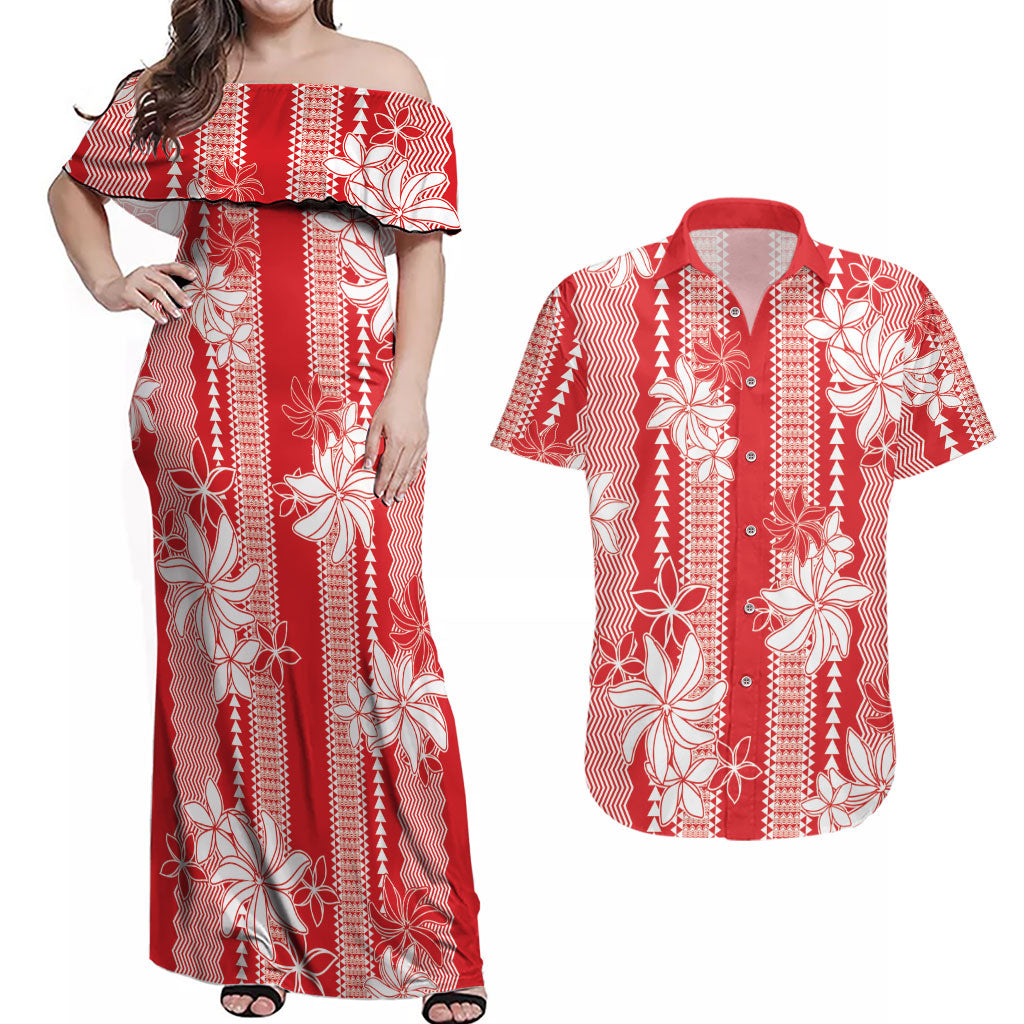 Hawaii Kakau Tribal Couples Matching Off Shoulder Maxi Dress and Hawaiian Shirt With Red Tiare