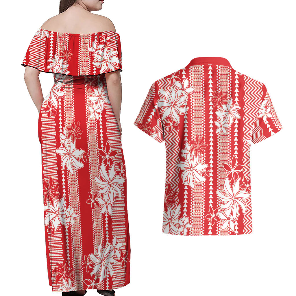 Hawaii Kakau Tribal Couples Matching Off Shoulder Maxi Dress and Hawaiian Shirt With Red Tiare